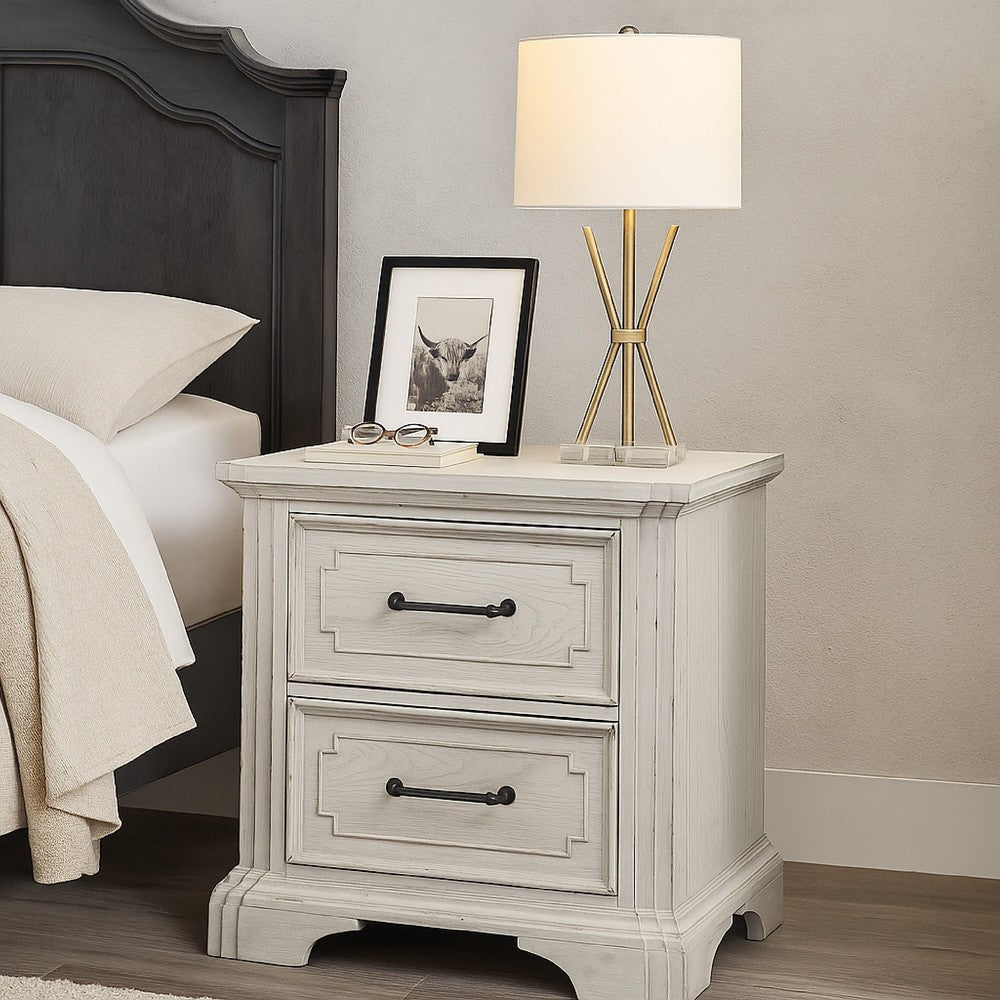 Lesy Nightstand | 2 Drawers | Black Metal | Vintage White Poplar Wood