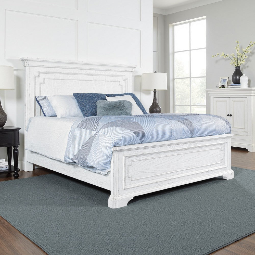 Lesy King Size Bed | Crown Molding Panel Headboard | Vintage White