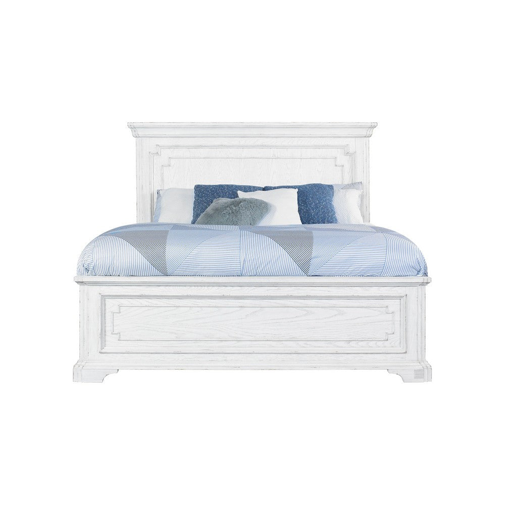 Lesy Queen Size Bed | Crown Molding Panel Headboard | Vintage White
