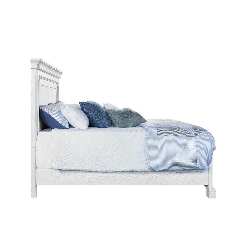 Lesy Queen Size Bed | Crown Molding Panel Headboard | Vintage White