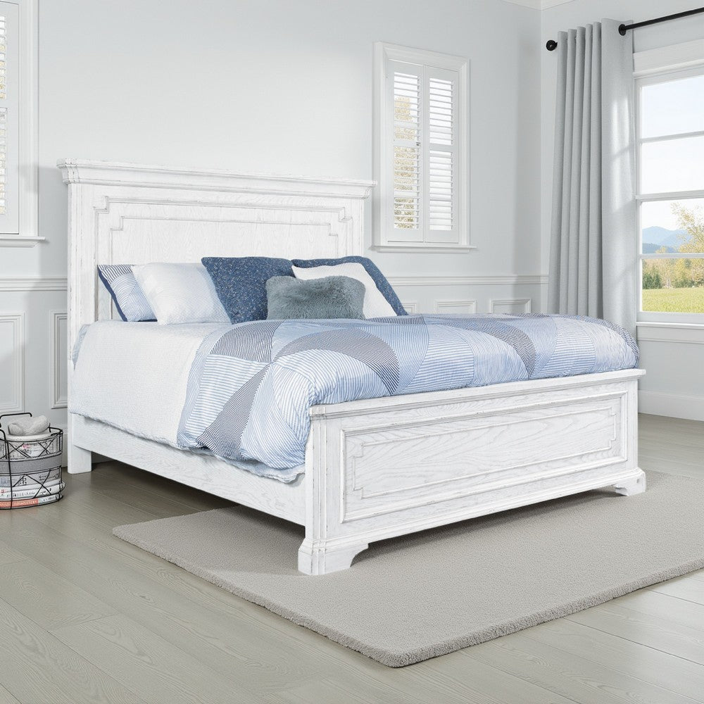 Lesy Queen Size Bed | Crown Molding Panel Headboard | Vintage White