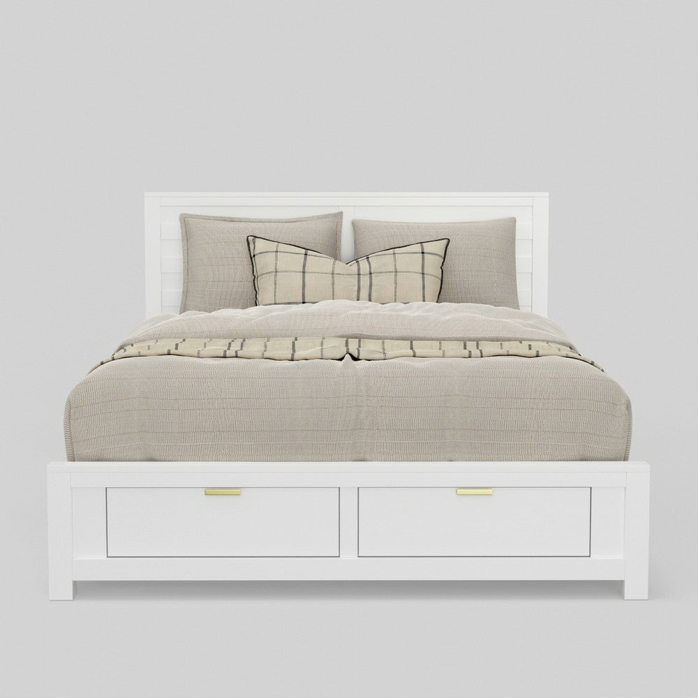 Fery Queen Size Storage Bed | Panel Headboard | White Solid Pine Wood