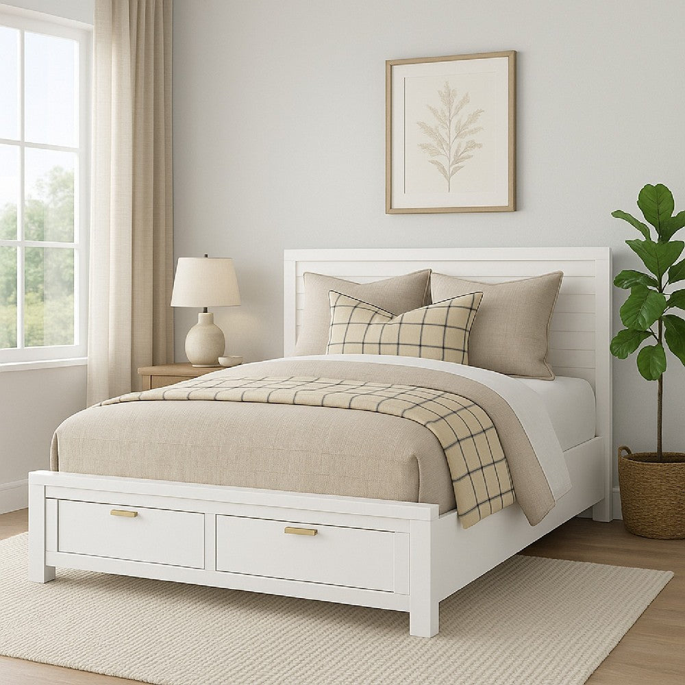 Fery Queen Size Storage Bed | Panel Headboard | White Solid Pine Wood
