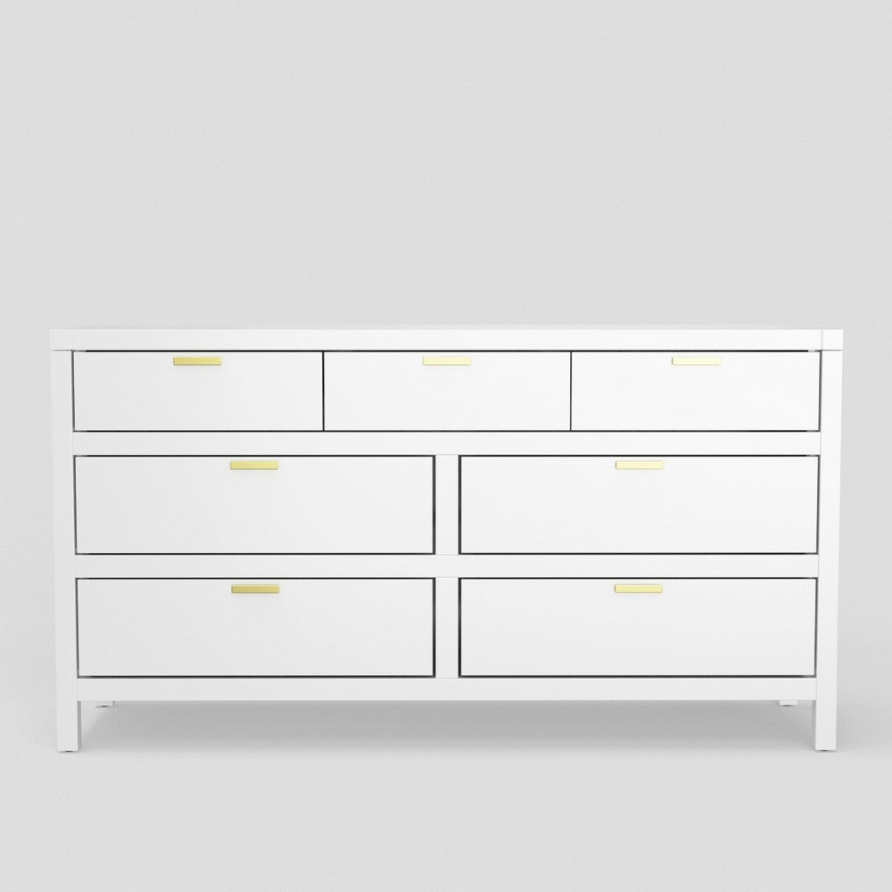 Fery Dresser | 7 Drawers | Gold Metal Handles | White Solid Pine Wood