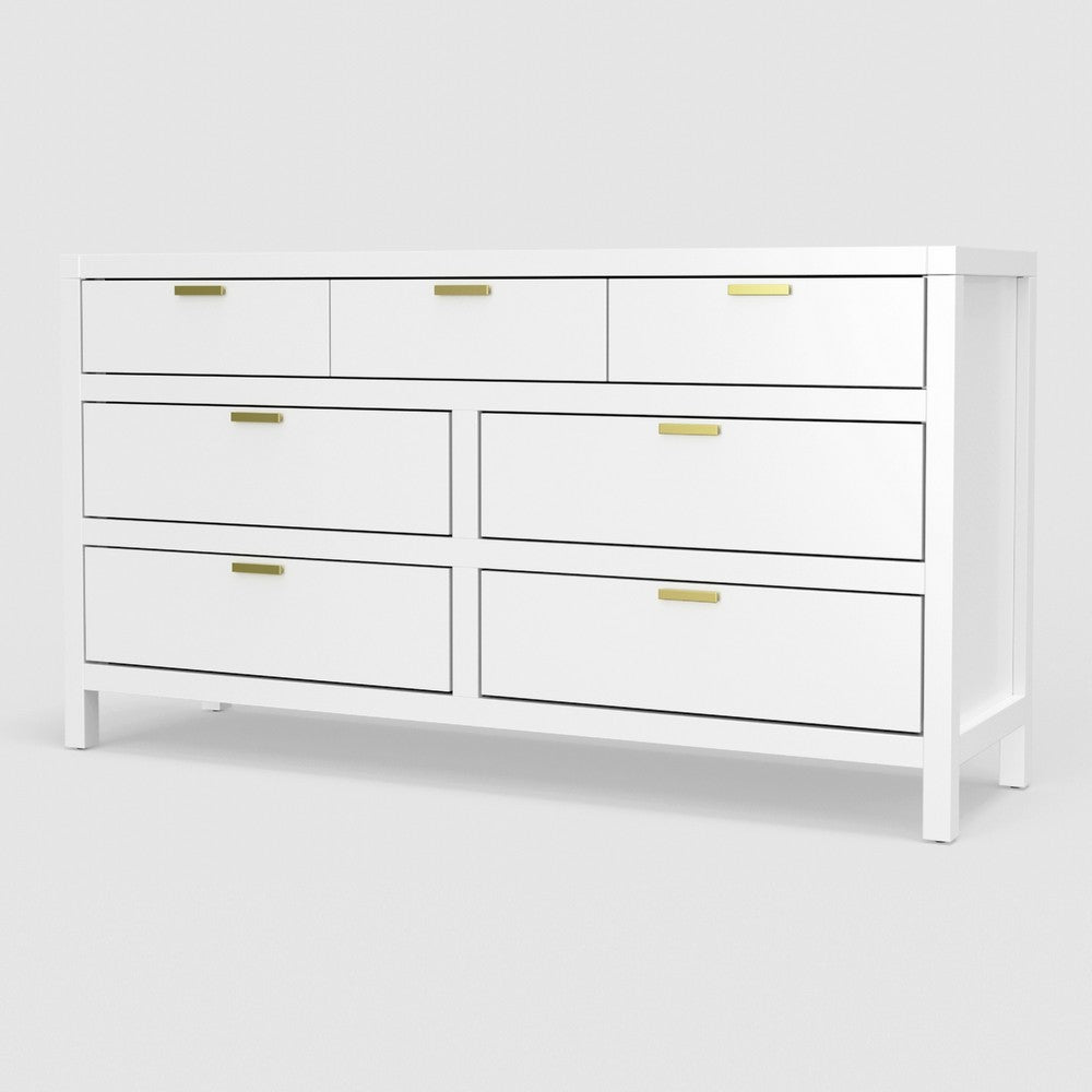 Fery Dresser | 7 Drawers | Gold Metal Handles | White Solid Pine Wood