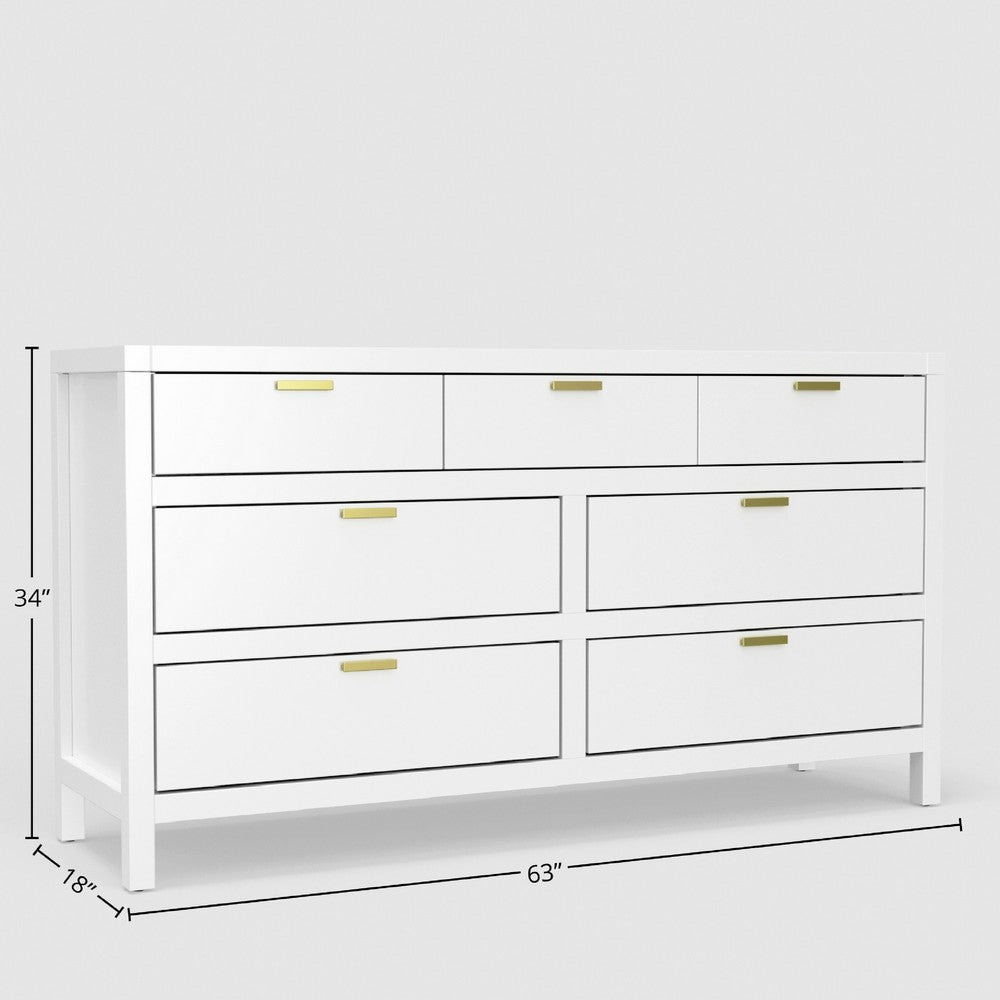 Fery Dresser | 7 Drawers | Gold Metal Handles | White Solid Pine Wood