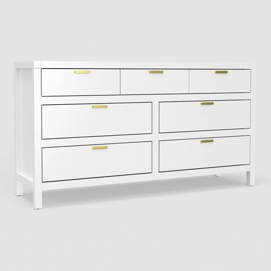 Fery Dresser | 7 Drawers | Gold Metal Handles | White Solid Pine Wood