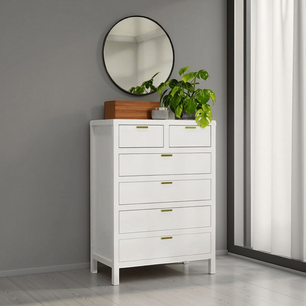 Fery Tall Dresser Chest | 6 Drawers | Gold Handles | White Solid Wood