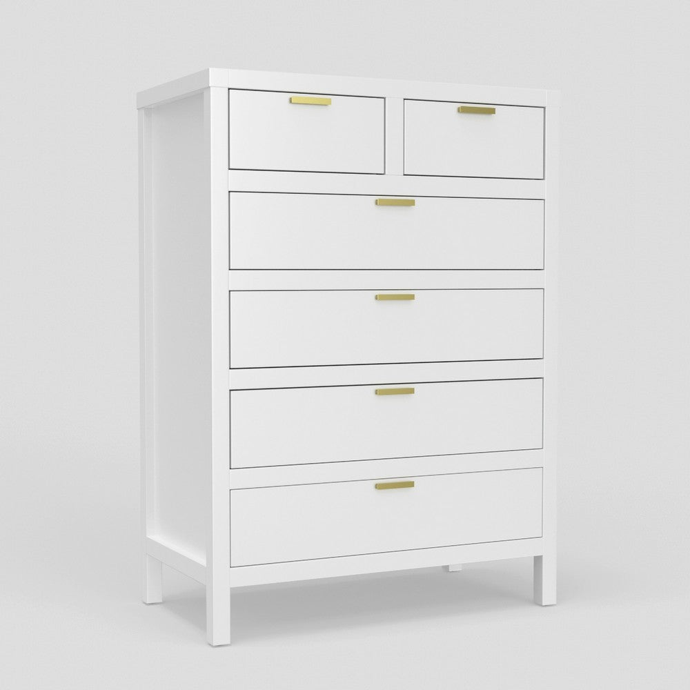 Fery Tall Dresser Chest | 6 Drawers | Gold Handles | White Solid Wood
