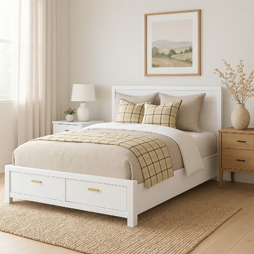 Fery California King Storage Bed | Panel Headboard | White Pine Wood