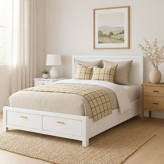 Fery California King Storage Bed | Panel Headboard | White Pine Wood