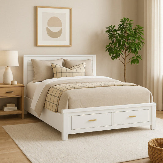 Fery King Size Storage Bed | Panel Headboard | White Solid Pine Wood