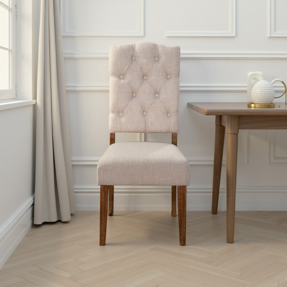 Bela Dining Chair Set of 2 | Button Beige Back | Brown Acacia Wood