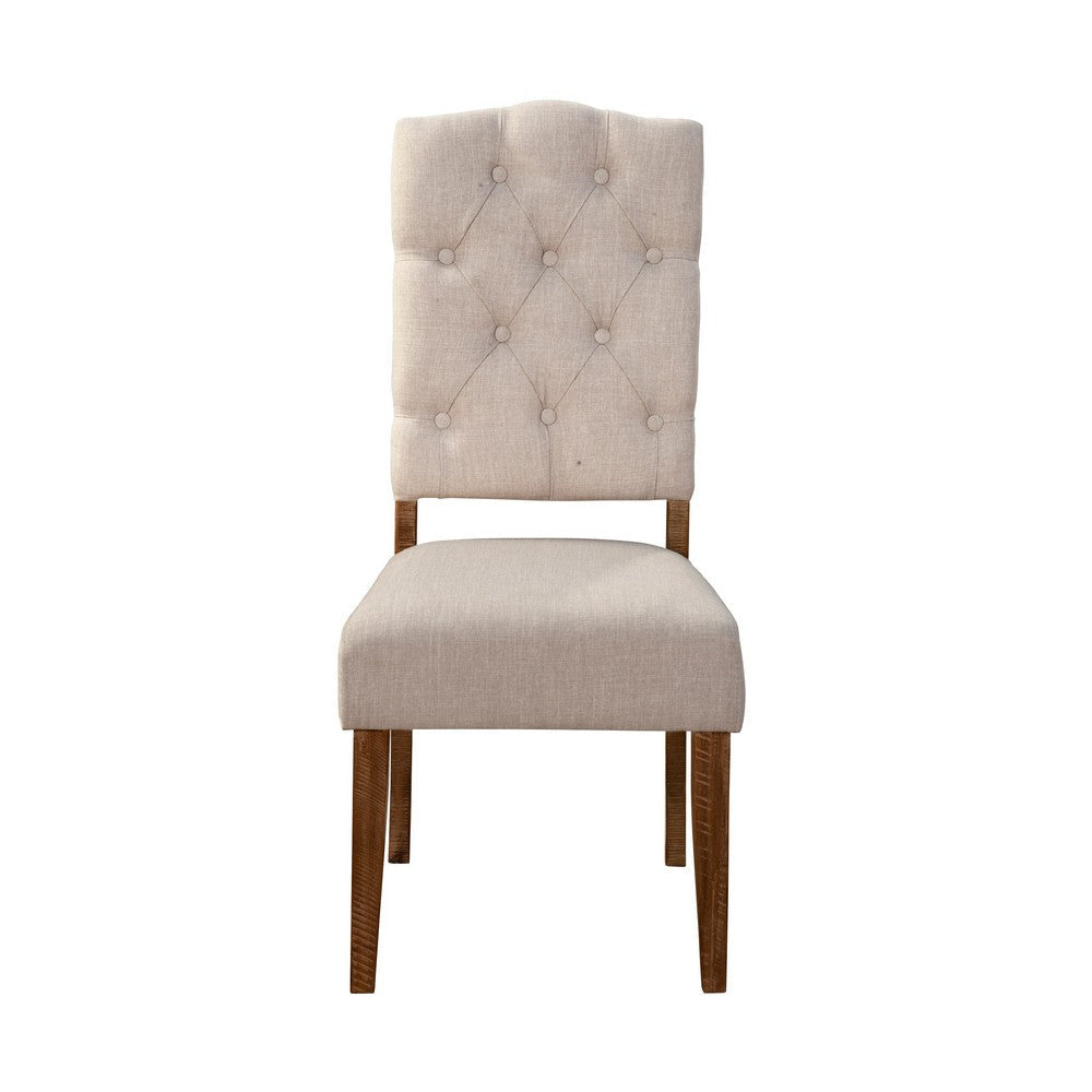 Bela Dining Chair Set of 2 | Button Beige Back | Brown Acacia Wood