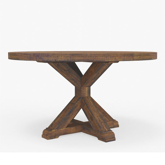 Bela Dining Table | 54" Round Top w Solid X Base | Brown Acacia Wood