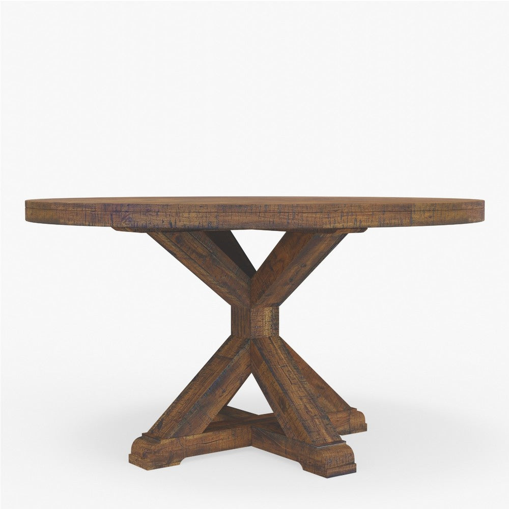 Bela Dining Table | 54" Round Top w Solid X Base | Brown Acacia Wood