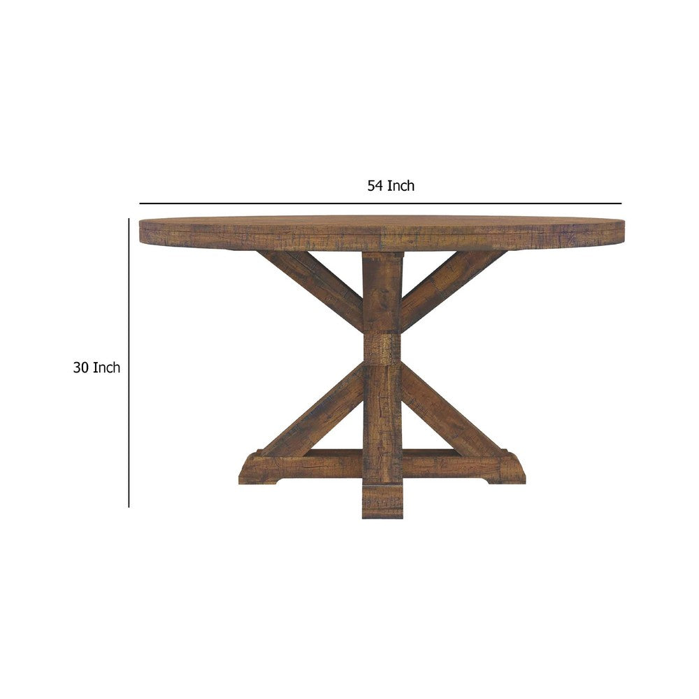 Bela Dining Table | 54" Round Top w Solid X Base | Brown Acacia Wood
