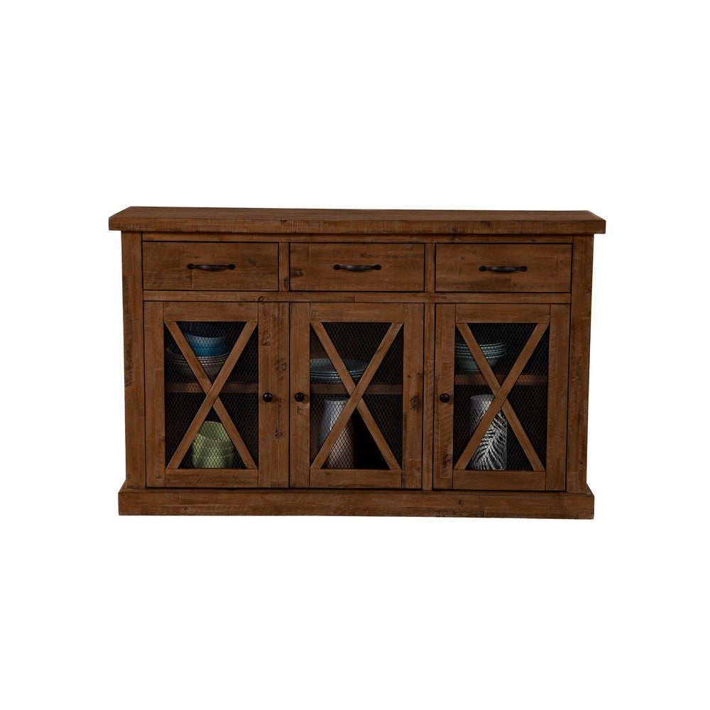 Bela Sideboard Console | 3 Mesh Doors | Rich Brown Solid Acacia Wood BM333219