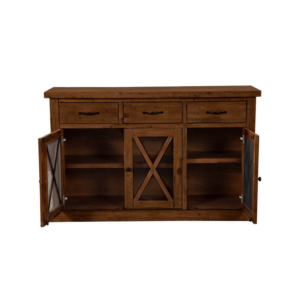 Bela Sideboard Console | 3 Mesh Doors | Rich Brown Solid Acacia Wood BM333219