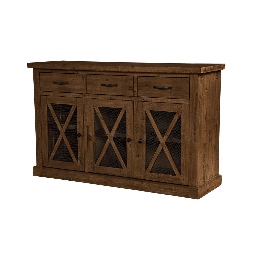 Bela Sideboard Console | 3 Mesh Doors | Rich Brown Solid Acacia Wood BM333219