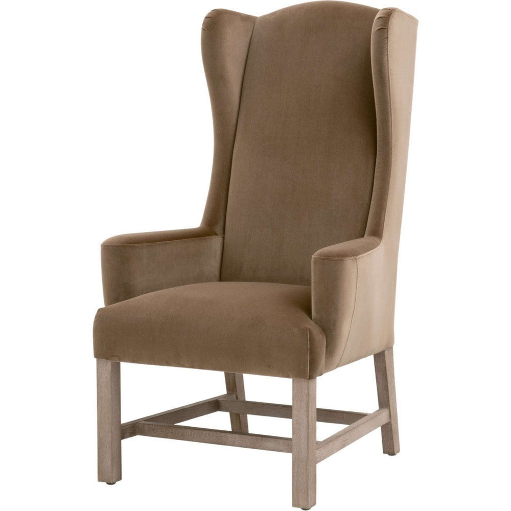 Teny Wingback Dining Armchair, Brown Velvet, Gray Oak Solid Wood