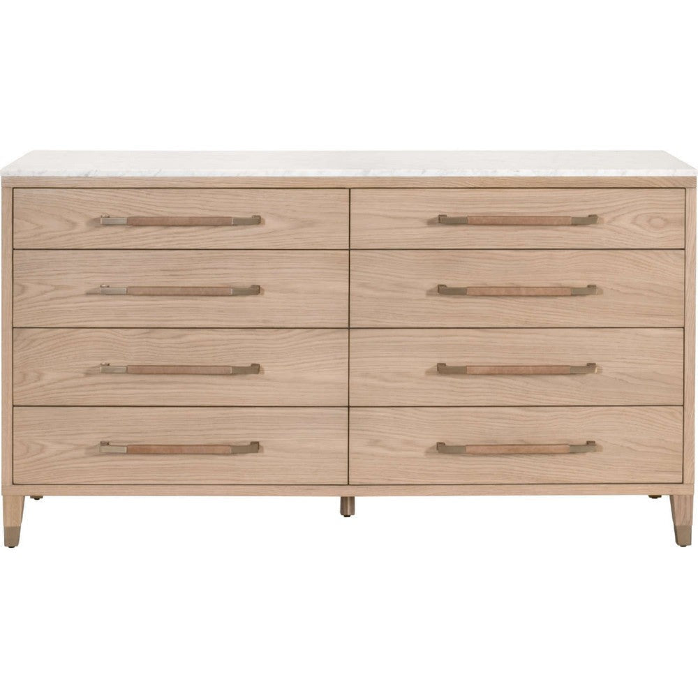 Briy 65’’ Wide Double Dresser 8 Drawers White Marble Brown Oak Wood BM333247
