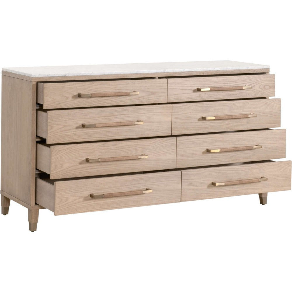 Briy 65’’ Wide Double Dresser 8 Drawers White Marble Brown Oak Wood BM333247