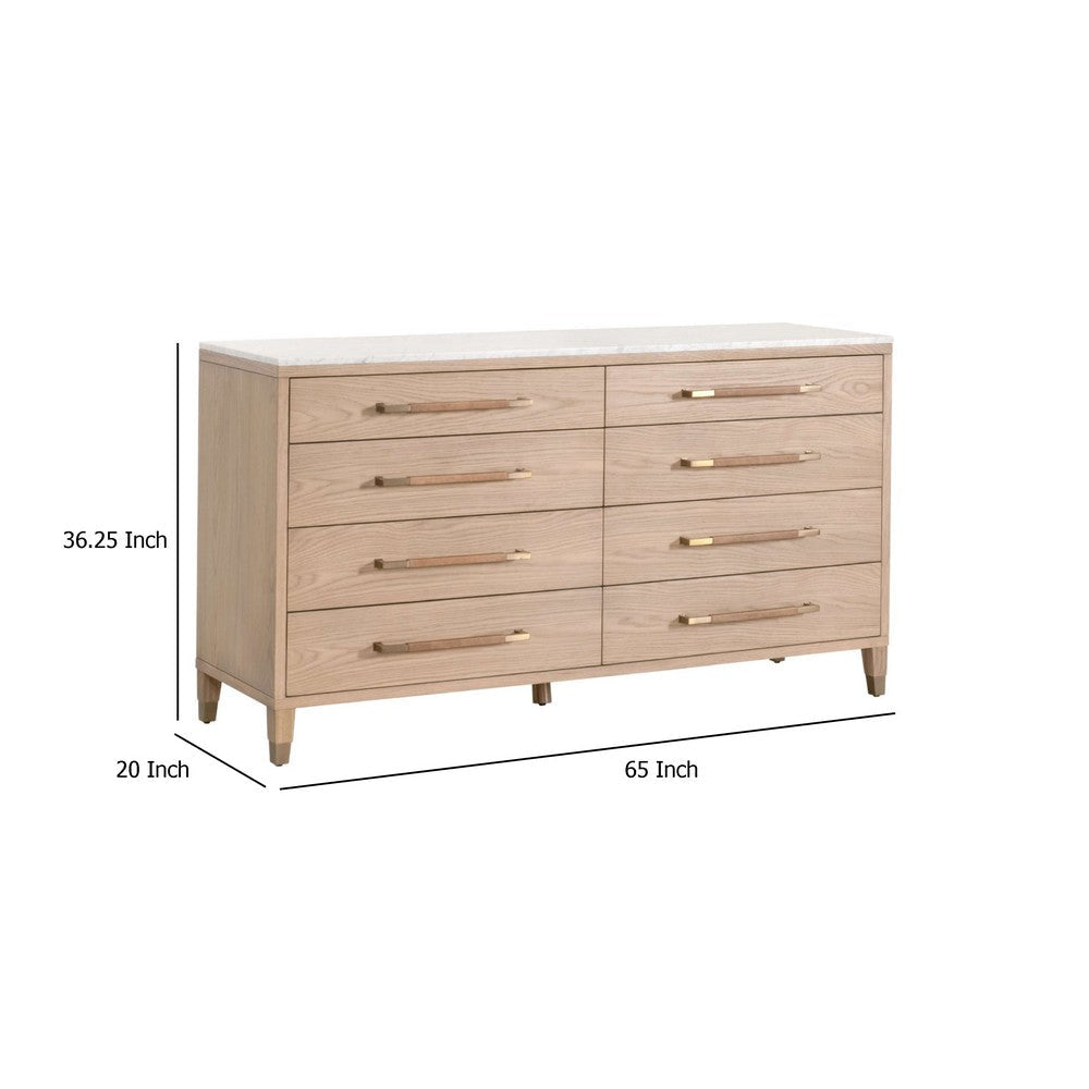 Briy 65’’ Wide Double Dresser 8 Drawers White Marble Brown Oak Wood BM333247