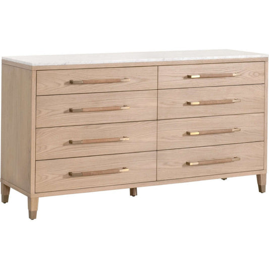 Briy 65" Wide Double Dresser, 8 Drawers, White Marble, Brown Oak Wood