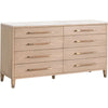 Briy 65" Wide Double Dresser, 8 Drawers, White Marble, Brown Oak Wood