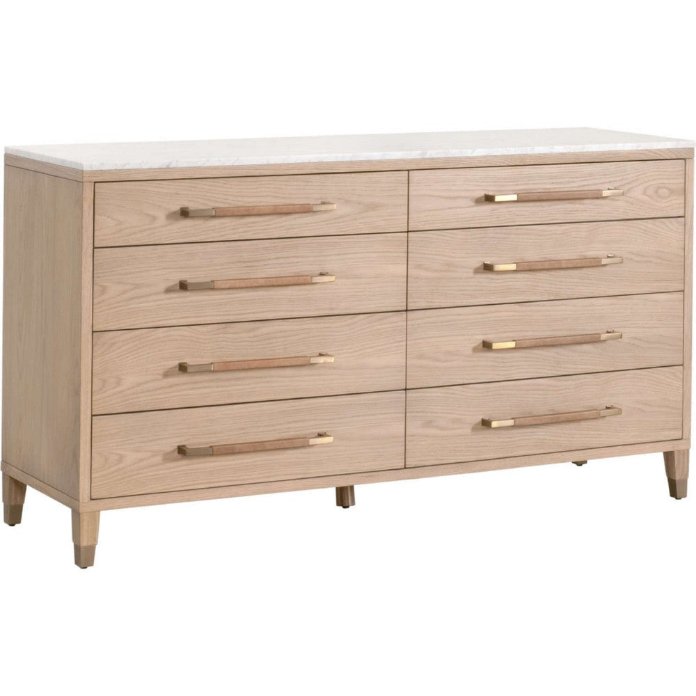 Briy 65" Wide Double Dresser, 8 Drawers, White Marble, Brown Oak Wood