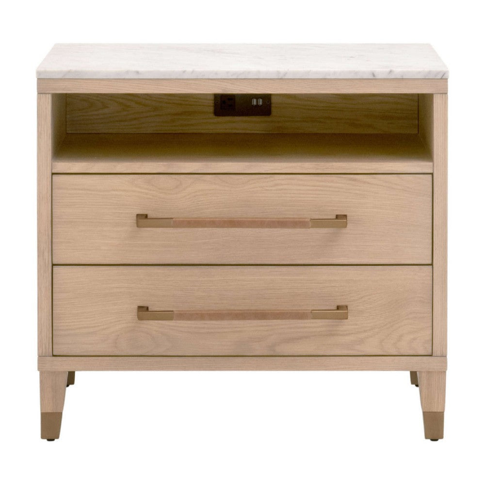 Briy Nightstand | 2 Drawers w 2 USB | White Marble Top Brown Oak Wood BM333248
