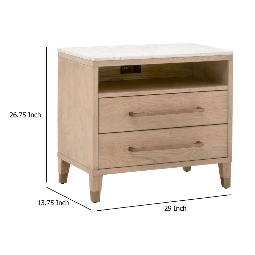 Briy Nightstand | 2 Drawers w 2 USB | White Marble Top Brown Oak Wood BM333248