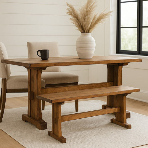 Marv Dining Bench | Trestle Base | Light Brown Mindi Wood 46"