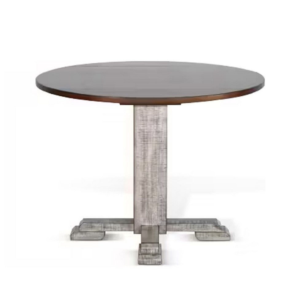 Camie Dining Table | 40" Brown Round Top w Drop Leafs | Rustic Gray