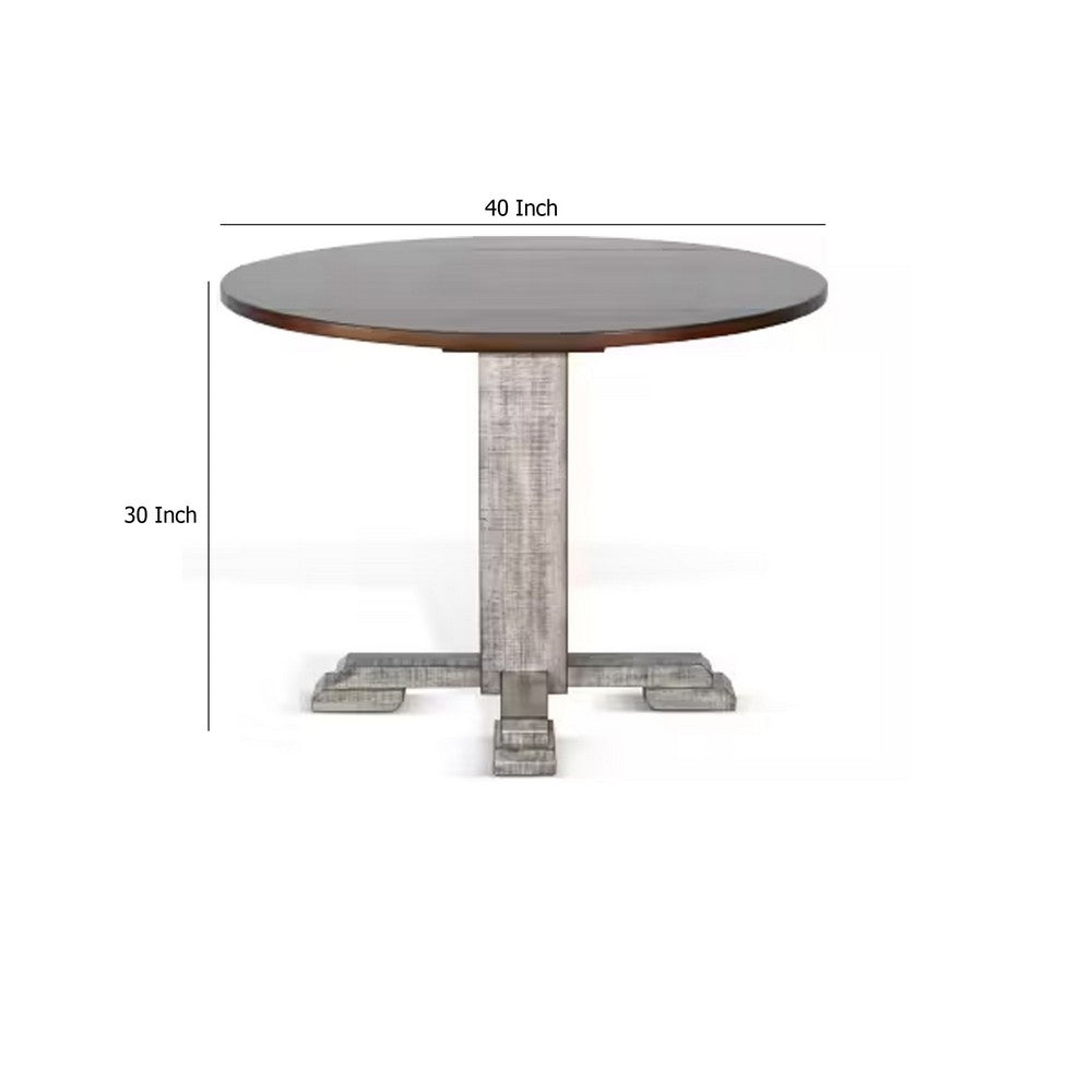 Camie Dining Table | 40" Brown Round Top w Drop Leafs | Rustic Gray