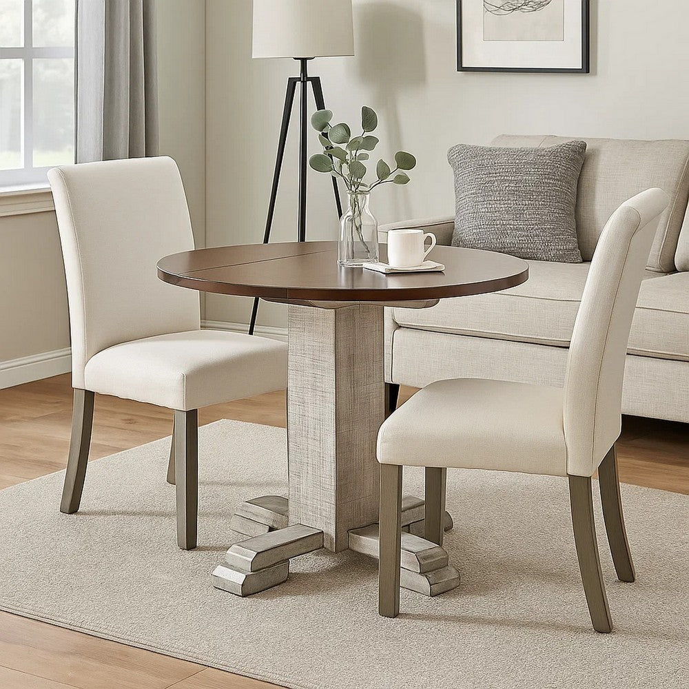 Camie Dining Table | 40" Brown Round Top w Drop Leafs | Rustic Gray