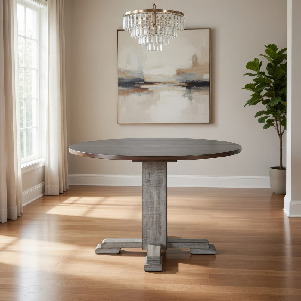 Camie Dining Table | 40" Brown Round Top w Drop Leafs | Rustic Gray