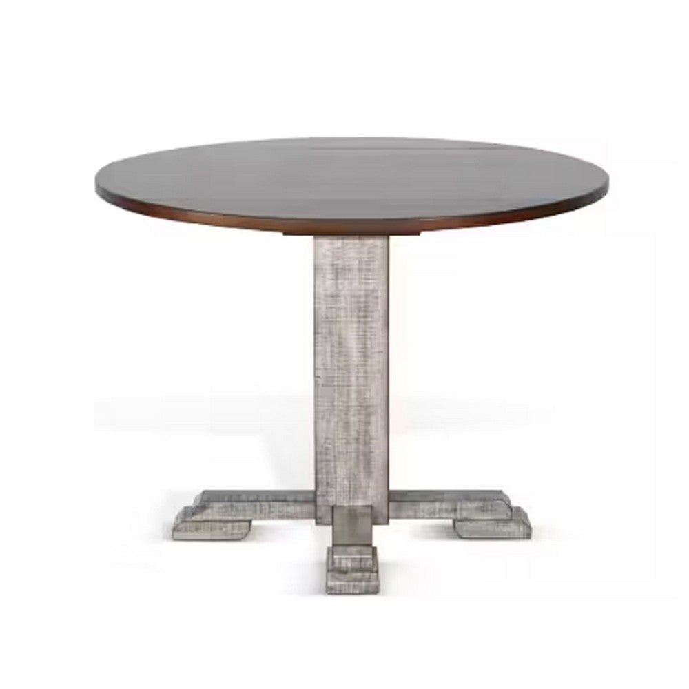 Camie Dining Table | 40" Brown Round Top w Drop Leafs | Rustic Gray