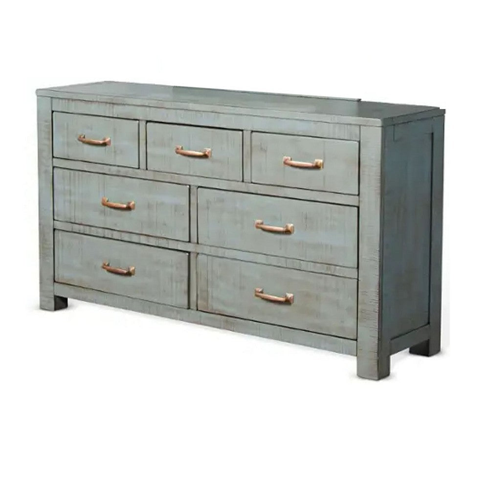 Rany Wide Dresser | 7 Drawers | Bronze Metal | Blue Mahogany Wood BM333341