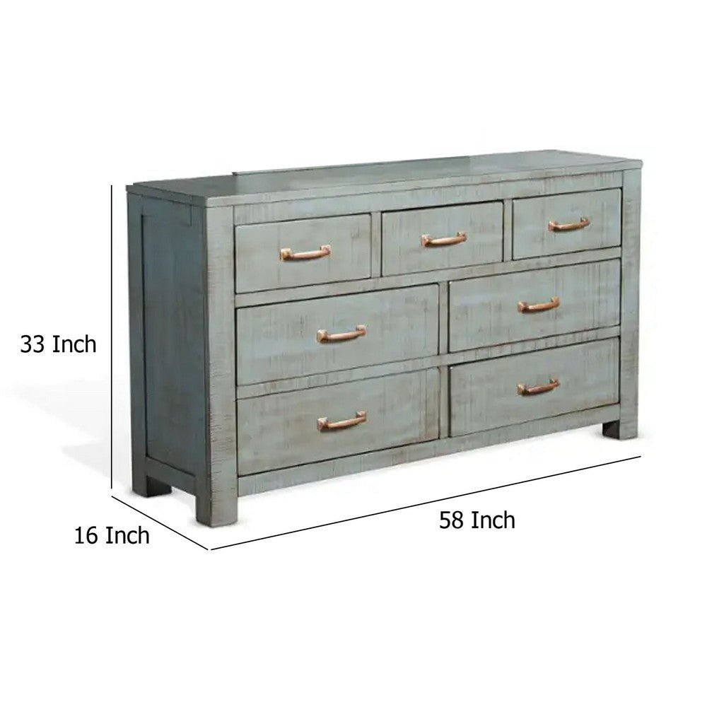 Rany Wide Dresser | 7 Drawers | Bronze Metal | Blue Mahogany Wood BM333341