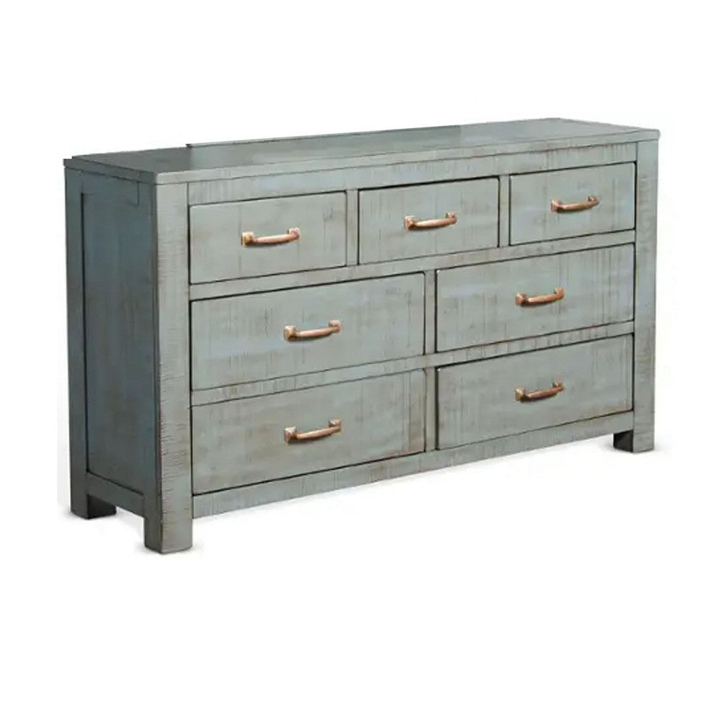 Rany Wide Dresser | 7 Drawers | Bronze Metal | Blue Mahogany Wood