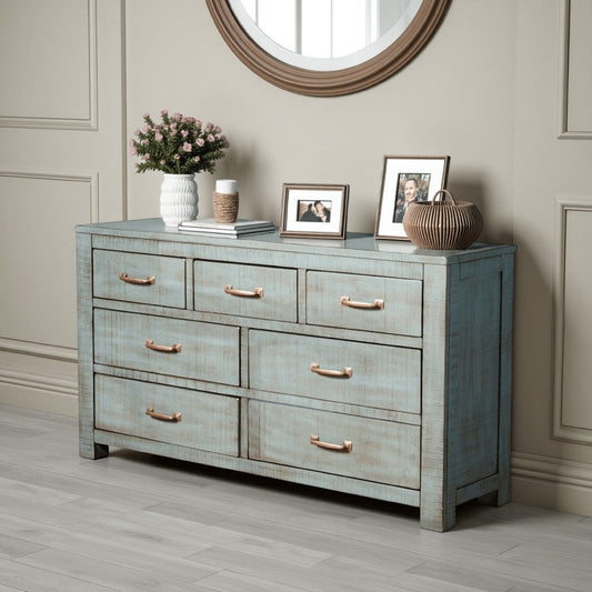 Rany Wide Dresser | 7 Drawers | Bronze Metal | Blue Mahogany Wood