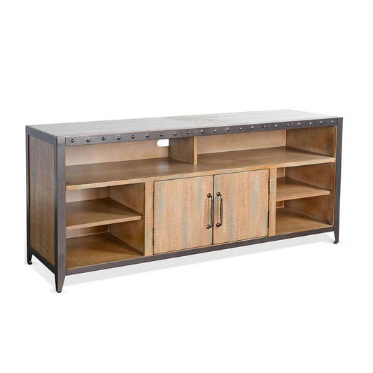 Ayka TV Stand Media Cabinet | Black Metal | Antique Brown Wood 63"