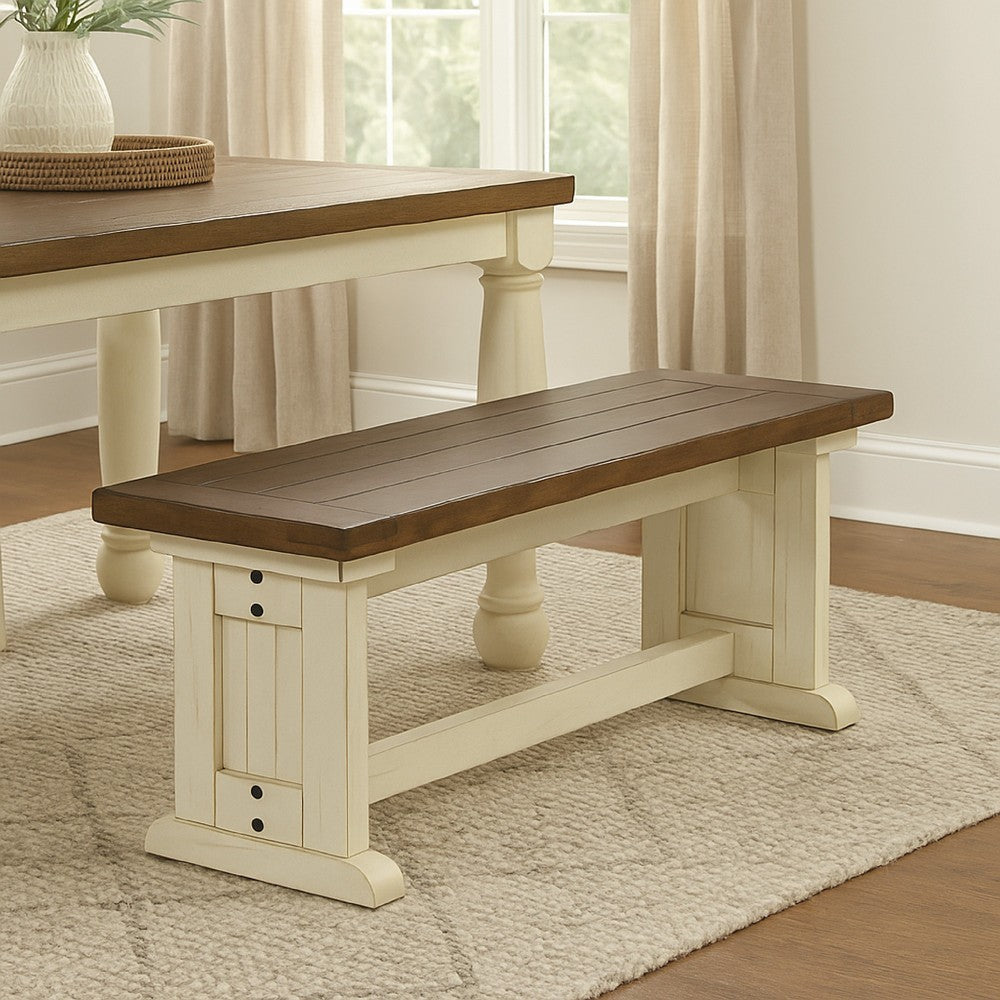 Dean Side Dining Bench | Plank Style Seat | Off White and Brown 48"