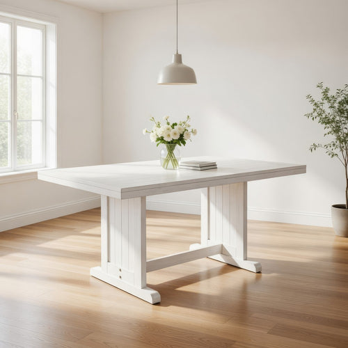Sime Dining Table | 60" Rectangular Plank Top Off White Mahogany Wood