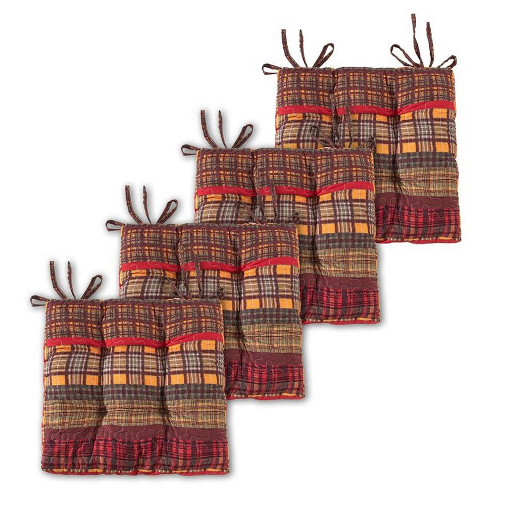 Glor 4pc Chair Seat Pad Set, Triple Cushion, Red Gold Sage Green Plaid