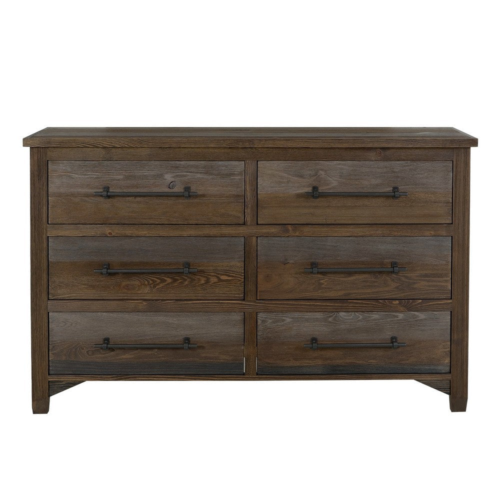 Tinaa Wide Dresser | 6 Drawers | Metal Handles | Gray Brown Pine Wood BM333430