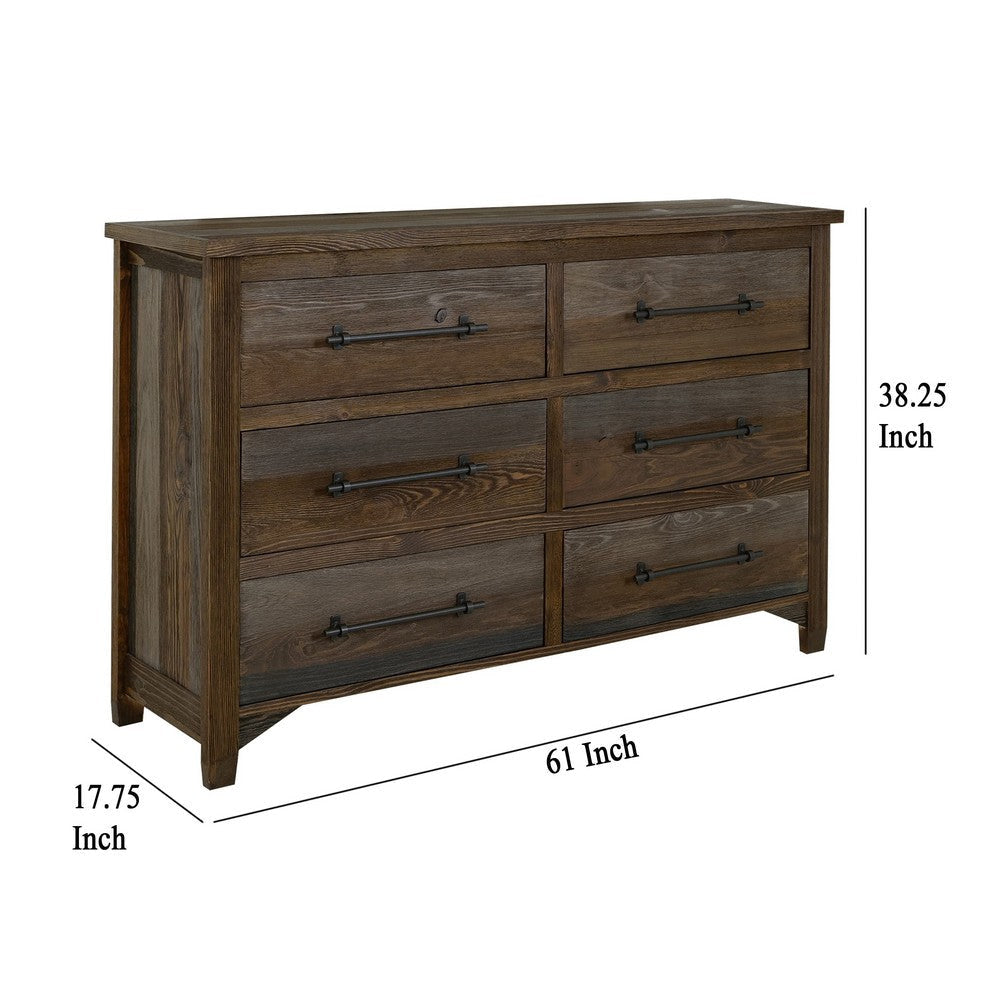 Tinaa Wide Dresser | 6 Drawers | Metal Handles | Gray Brown Pine Wood BM333430