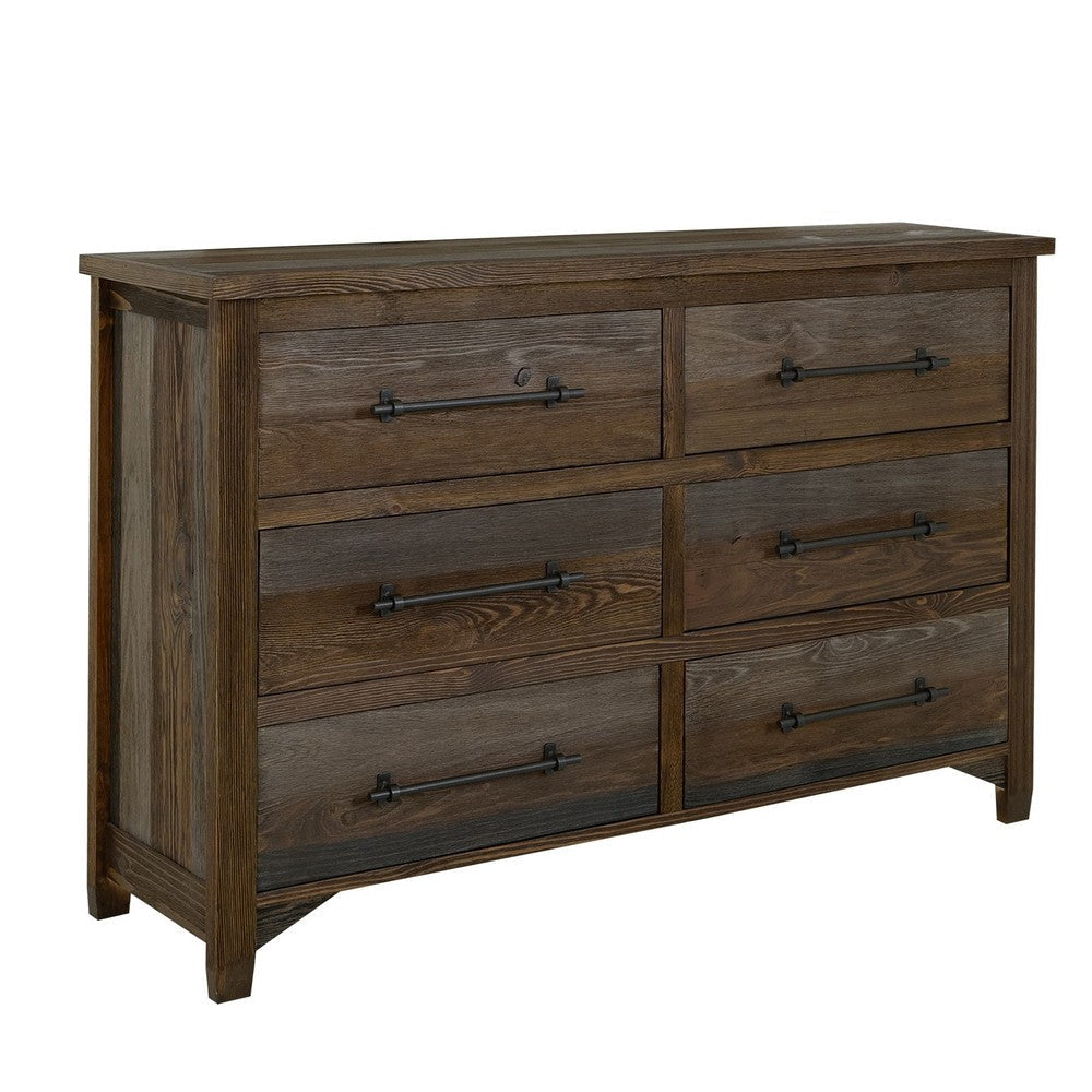 Tinaa Wide Dresser | 6 Drawers | Metal Handles | Gray Brown Pine Wood